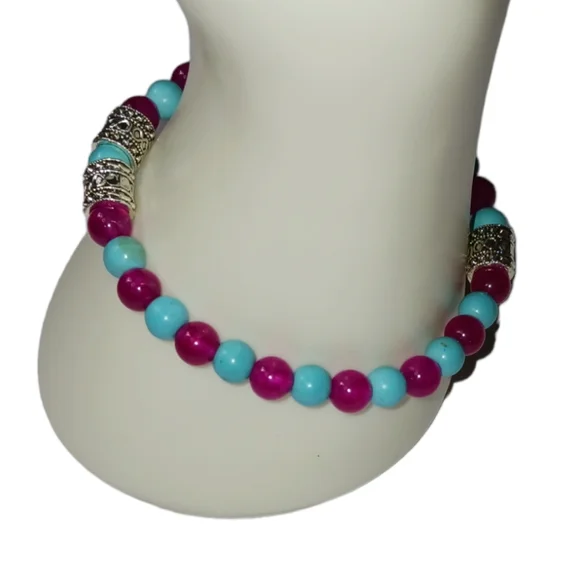 Turquoise & Magenta Jade Crystal Beaded Stretch Bracelet Y2K Slip On Style - Picture 5 of 12